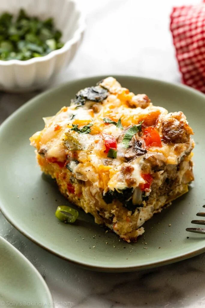 Halal Kitchen Sink Egg Bake breakfast casserole with eggs, cheese, and halal beef