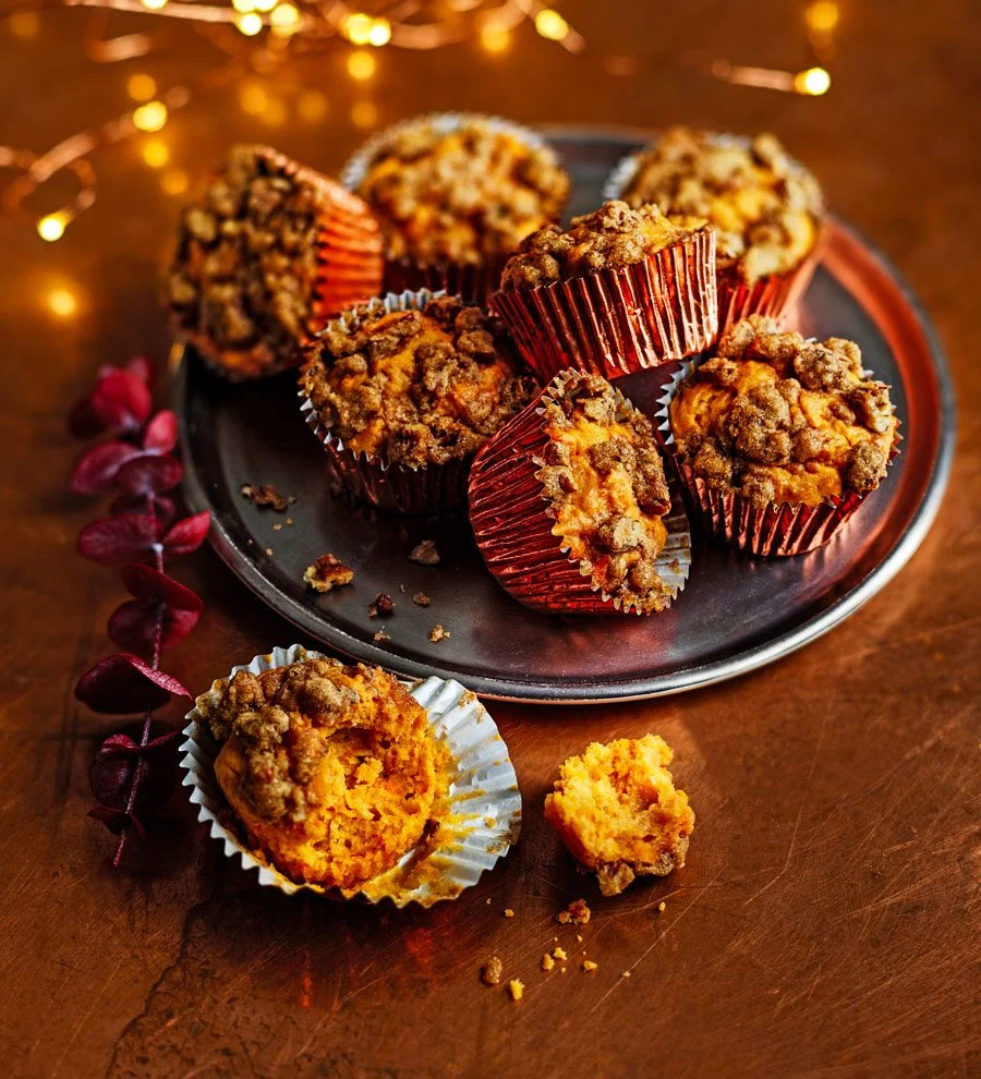 Freshly baked Halal Yam Muffins with crackled sugar glaze - Halal recipe