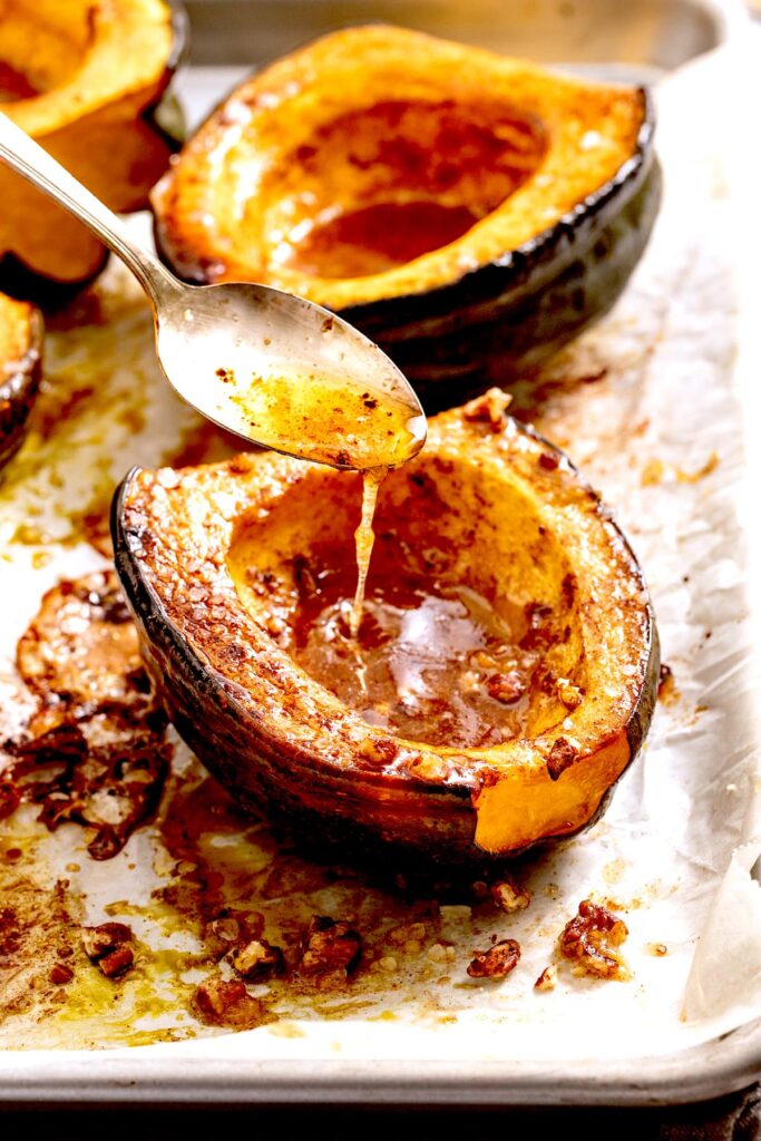 Halal Baked Winter Squash Mexican Style - golden roasted squash halves with seasoning